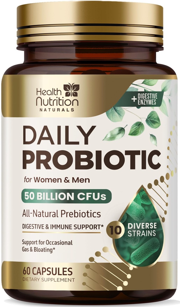 Probiotiques 60 milliards CFU + 10 souches - Mélange quotidien de lactobacillus probiotiques pour le soutien immunitaire, digestif et gustatif, prébiotiques et probiotiques, gaz et ballonnement pour les femmes et les hommes - 60 capsules
