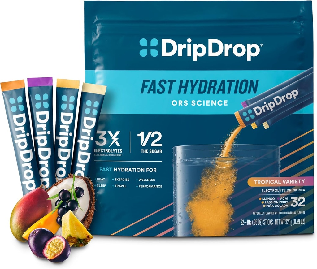 DripDrop Packs d'hydratation - Paquet de variétés tropicales - Mélange de poudre d'électrolytes à usage unique - Mango, Açaí, Fruits de la passion, Piña Colada - Non-OGM, Sans gluten, Vegan - 32 bâtonnets