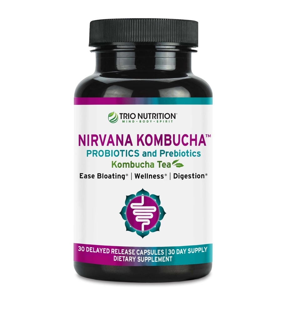TRIO NUTRITION Nirvana Kombucha - Probiotiques multi-trains et mélange prébiotique avec thé biologique - Capsules de libération retardée pour la santé digestive et immunitaire - Bloating Relief - Natural pH Balance