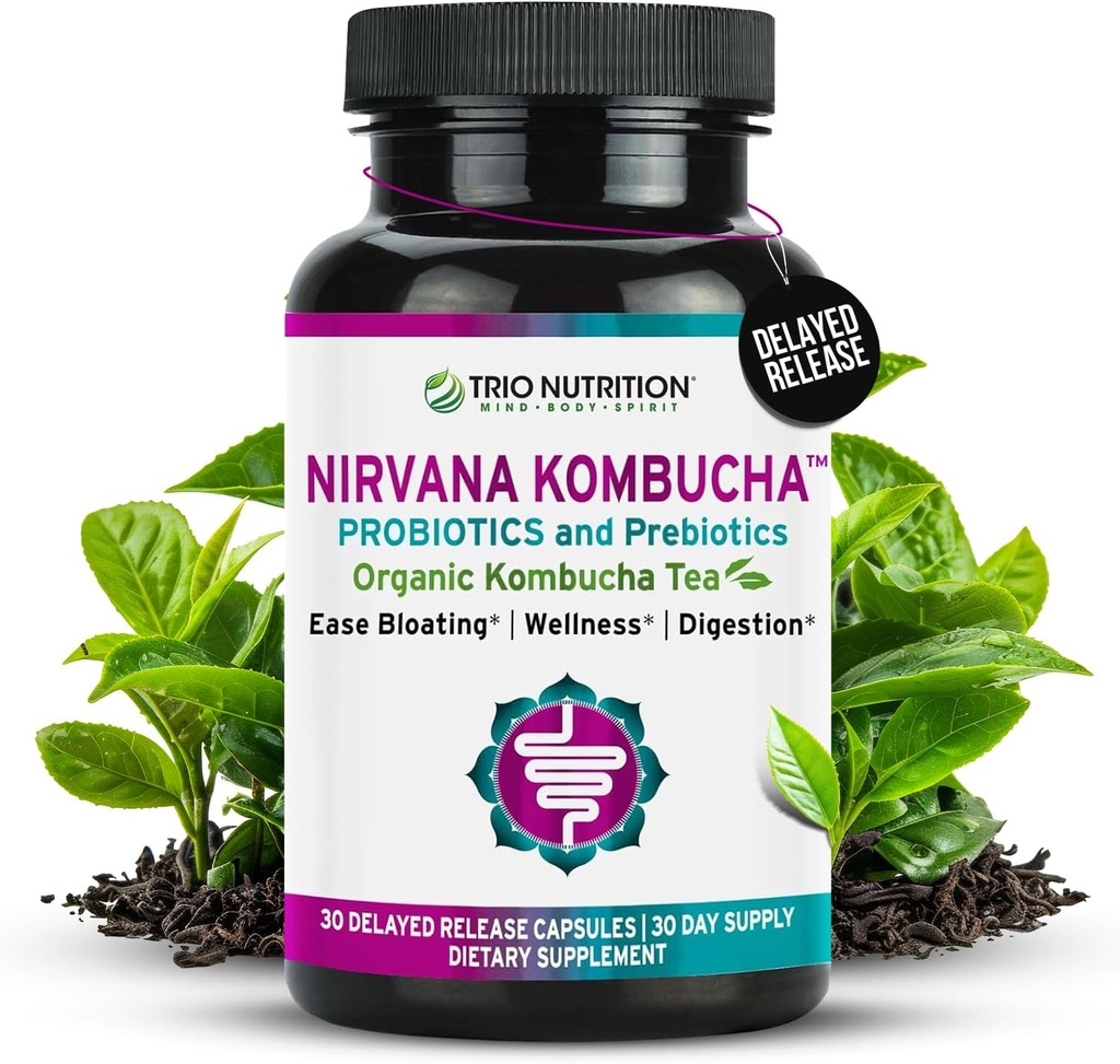 TRIO NUTRITION Nirvana Kombucha - Probiotiques multi-trains et mélange prébiotique avec thé biologique - Capsules de libération retardée pour la santé digestive et immunitaire - Bloating Relief - Natural pH Balance