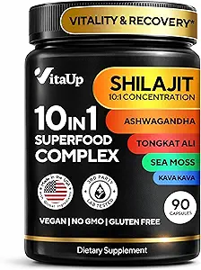 Capsules Shilajit 10 en 1 avec Kava Kava - États-Unis fait Himalayan Shilajit pour les hommes avec Tongkat Ali, Ashwagandha, Kava Kava pour l'énergie et l'immunité - 90 comte