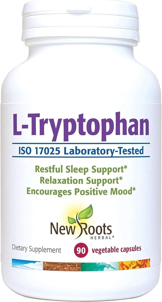 NEW ROOTS HERBAL L-Tryptophane Supplément pour le sommeil (90 Capsules) 220mg, Supplément à base de plantes pour le sommeil sain, l'humeur et le stress Support de réponse – sans gluten, sans OGM