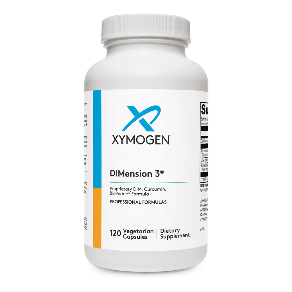 XYMOGEN Dimension 3 - Supplément Diindolylméthane DIM avec Curcumine + BioPerine - Soutient la désintoxication des Estrogènes en santé, l'équilibre hormonal pour les femmes et les hommes - Ménopause de soulagement + support PMS (120 capsules)