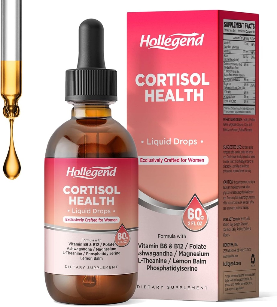 Suppléments de cortisol pour femmes, gouttes liquides de cortisol bien-être, 16 en 1 Réducteur de détox de cortisol w. Ashwagandha, Magnésium, L-Theanine, Folate pour la relaxation et l'équilibre hormonal, Fraise