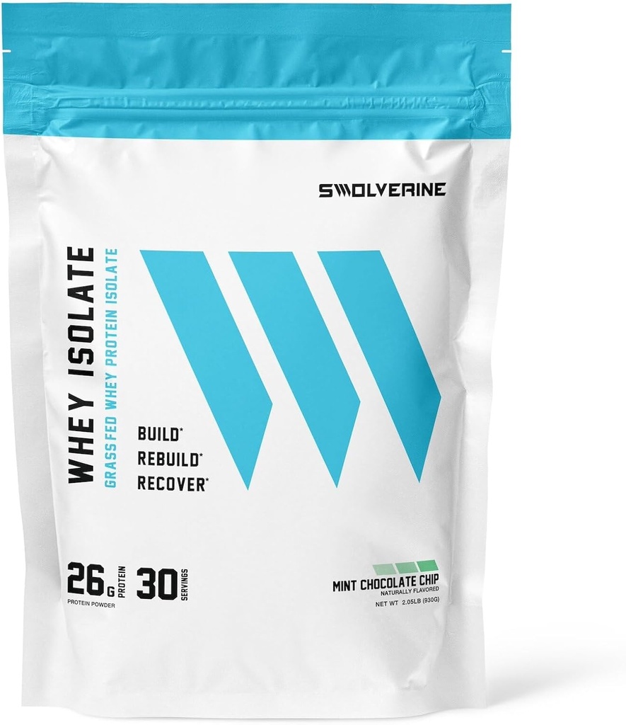 Swolverine Whey Protein Isolate (26g) Protéines sans OGM, sans OGM, addition d'enzymes digestives (30 portions, croustilles de chocolat à la menthe)