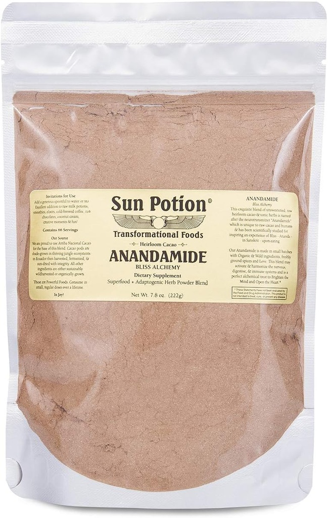 Anandamide biologique 222g par potion du soleil - Poudre de Cacao crue non sucrée et herbes toniques - Comprend Tocos Ashwagandha Reishi Maca Moringa Turmeric Astragalus Cayenne Cannelle et autres