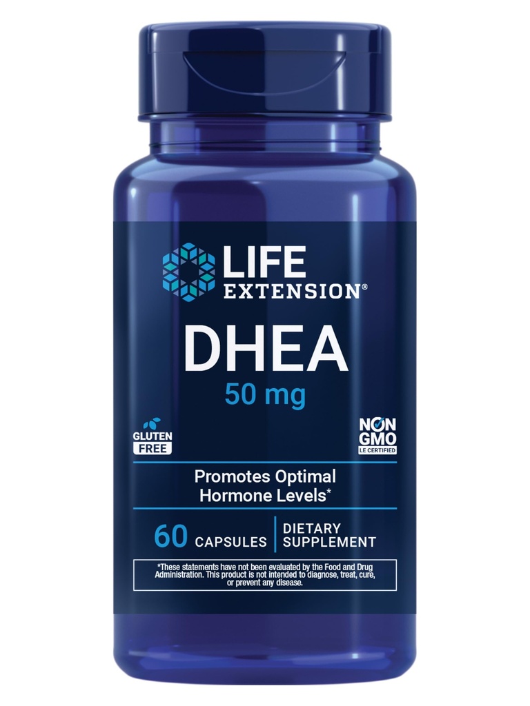 Prolongation de la durée de vie DHEA 50 mg – Supplément d'équilibre hormonal, mémoire, masse musculaire et soutien de la densité osseuse, lecteur de sexe sain, sans gluten, sans OGM, 60 capsules