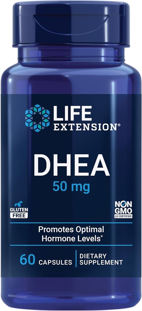 Prolongation de la durée de vie DHEA 50 mg – Supplément d'équilibre hormonal, mémoire, masse musculaire et soutien de la densité osseuse, lecteur de sexe sain, sans gluten, sans OGM, 60 capsules