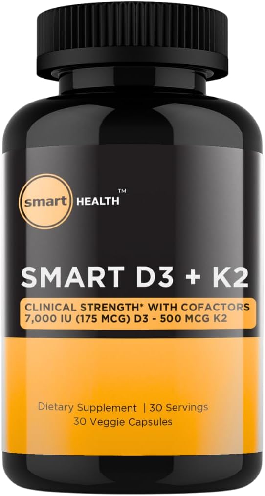 Vitamine D3 + K2 - Bone Health & Immune Support - 7000 UI(175 MCG)D3 + 500 MCG K2 - Cofacteurs B6, Magnésium et zinc - Sans gluten, Vegan, Non-OGM - Complément alimentaire - 30 capsules de légumes