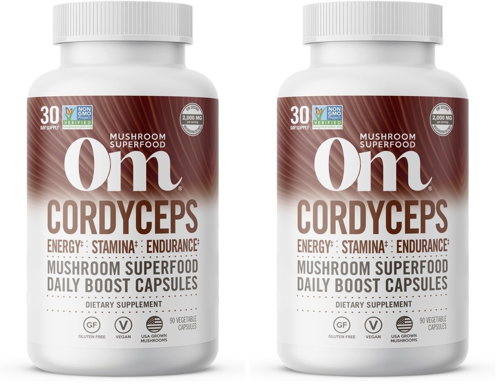 Om Mushroom Superfood Cordyceps Capsules de champignons Superfood Supplément, 90 Comte, 30 Jours, Énergie, Puissance, Support de l'endurance, Superfood Supplément pour la performance sportive (Pack de 2)
