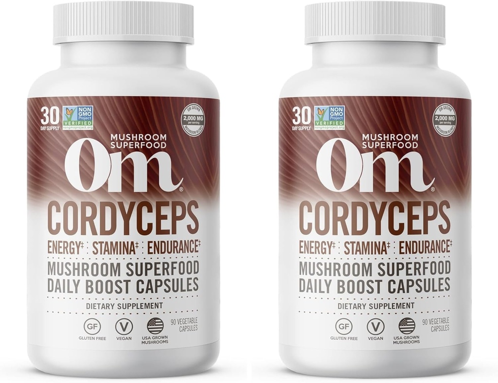 Om Mushroom Superfood Cordyceps Capsules de champignons Superfood Supplément, 90 Comte, 30 Jours, Énergie, Puissance, Support de l'endurance, Superfood Supplément pour la performance sportive (Pack de 2)