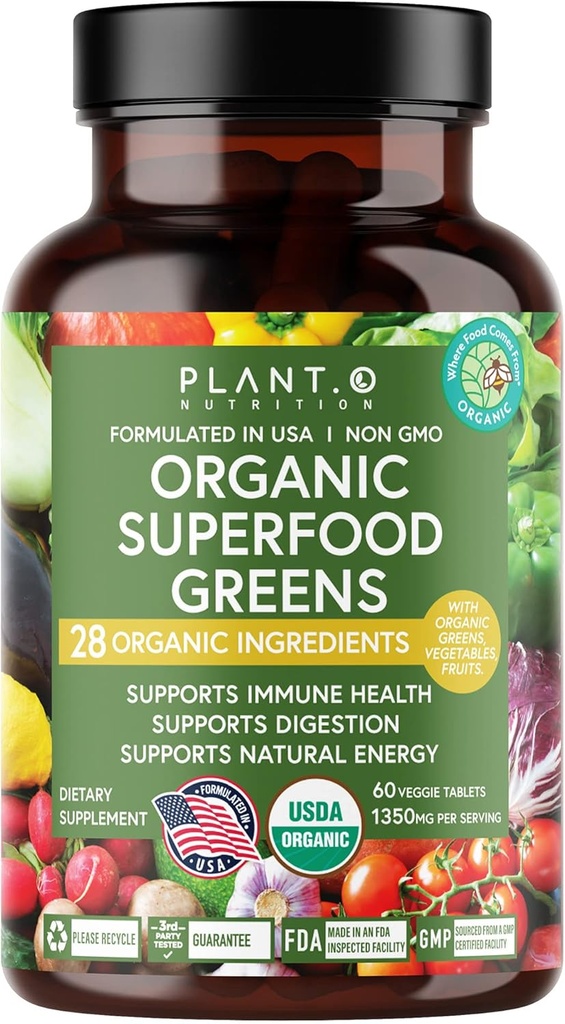 Plant.O Bio Super Greens [Supplément de fruits et légumes] Antioxydants à haute absorption de poudre verte avec Alfalfa, racine de betterave, cerise de tart pour le soutien immunitaire, Gut Health, énergie, 60 comprimés de légumes