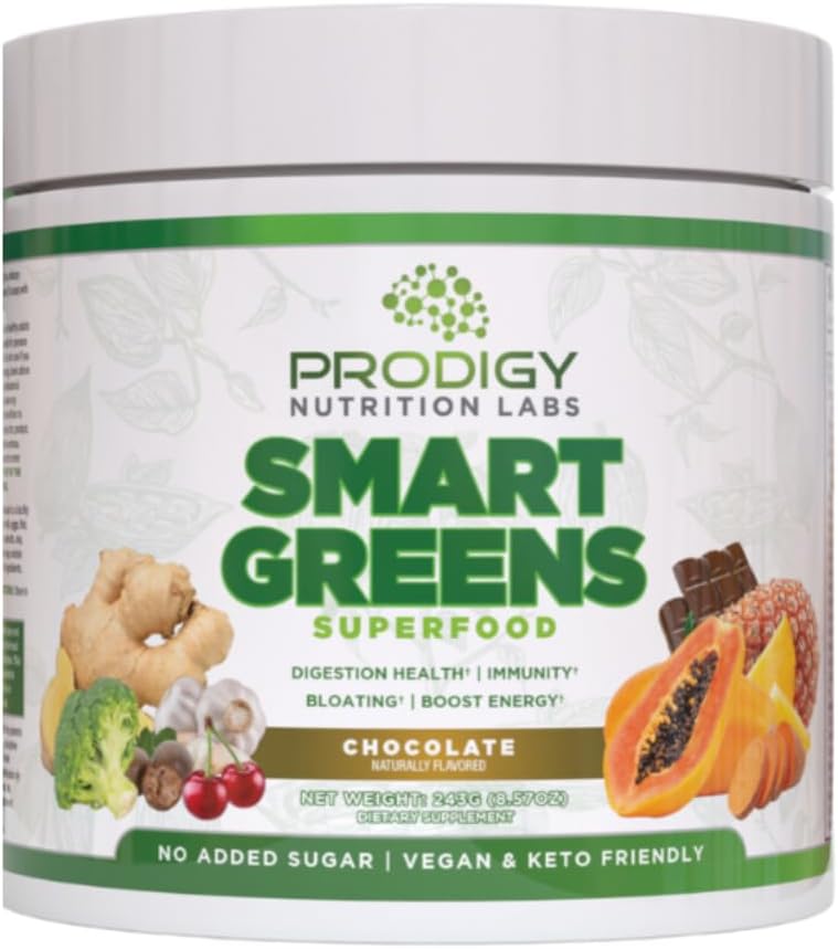 Prodigy Smart Greens - Super Greens Powder Smoothie & Drink Mix - Probiotiques pour la santé digestive et le dégel, protéines, légumes et fruits avec Chlorella pour la santé des gorgés