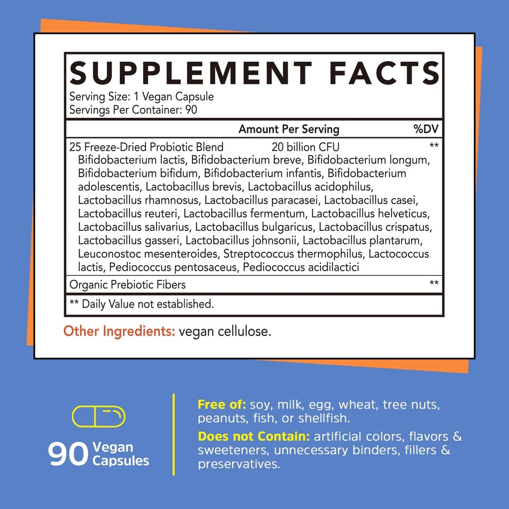 Gutcha Probiotics, 20 milliards pour les hommes et les femmes, 25 souches + fibre prébiotique pour la santé de Gut, soutien immunitaire, soutien digestif, congélateur, libération différée, plateau-stable, 90 bouchons végétaliens