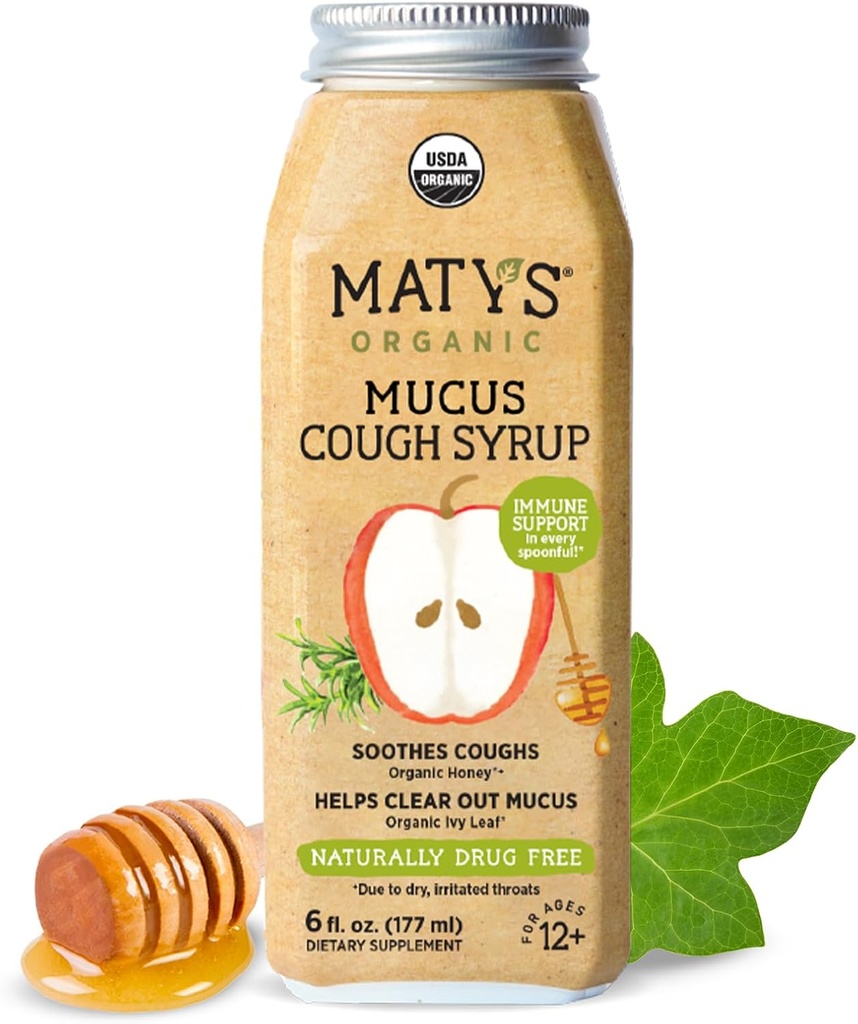 Matys Syrup adulte de mucus pour adultes et enfants 12 ans et plus, apaisant l'ivraie avec ingrédients biologiques et zinc, 6 Fl Oz
