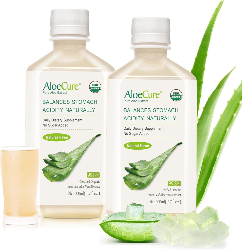 AloeCure USDA Bio Aloe Vera Juice fabriqué dans les 12 heures de la récolte - pur Aloe Juice supplément digestif naturel pour soutenir la digestion, le système immunitaire et l'acidité équilibrée de l'estomac, 2 x 500ml bouteilles