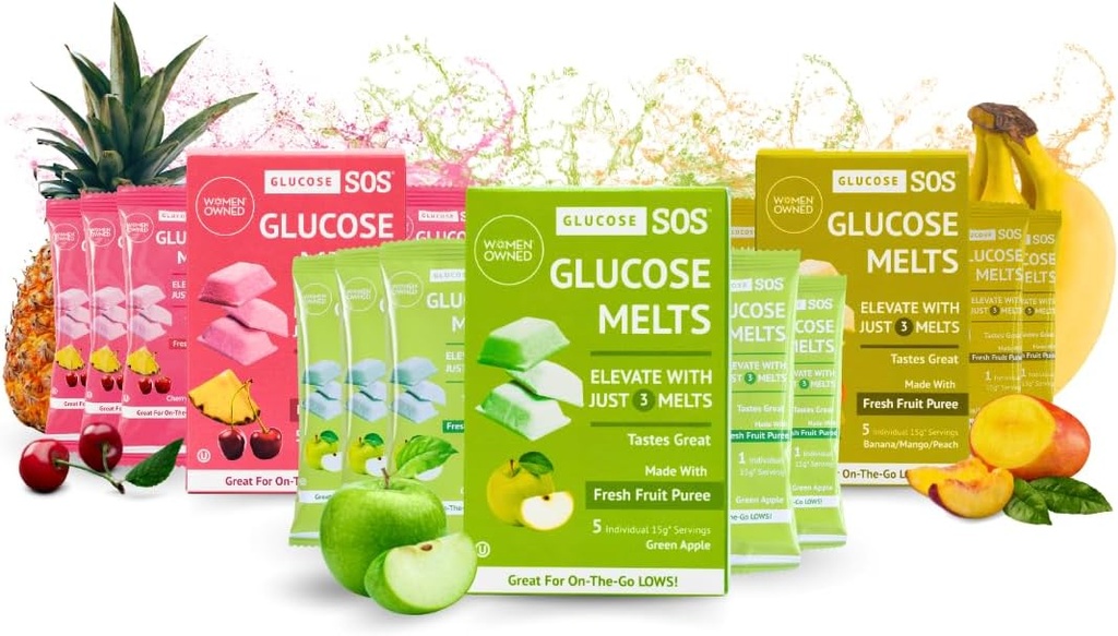 Glucose SOS Meltes faites avec dextrose poudre de sucre purée de fruits naturels, comme des onglets de glucose, comprimés à action rapide qui fusionnent avec 15 portions individuelles de 15g de 3 saveurs différentes