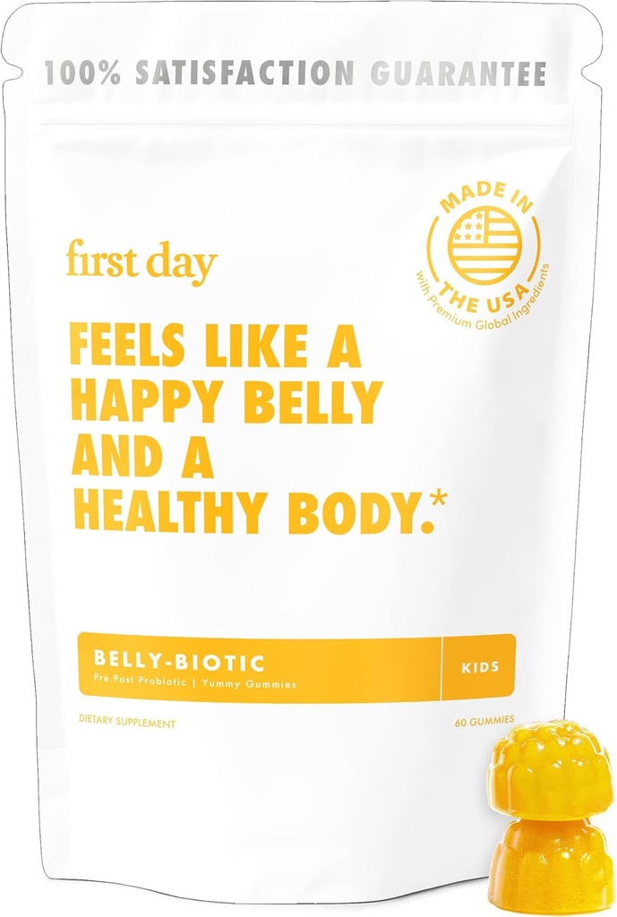 PREMIER JOUR Gommies probiotiques pour enfants - 3 en 1 Probiotiques pour enfants + Prébiotiques et postbiotiques - Prébiotiques et probiotiques pour la santé digestive et le soutien immunitaire – végétalien, sans gluten, 30 jours d'approvisionnement