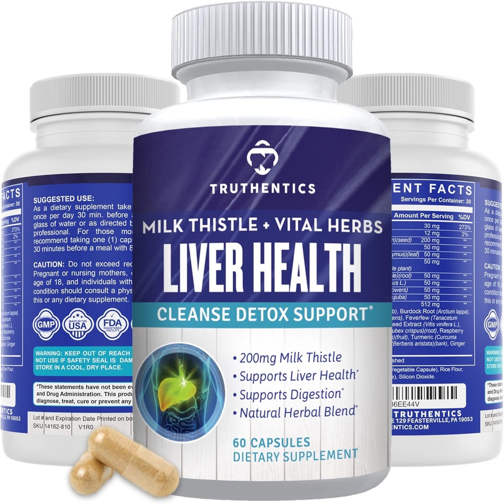 TRUTHENTICS Liver Health Supplement - Milk Thistle Liver Health Formula with Artichoke Extract, Dandelion, Turmeric, and More - Natural Detox Support for Men & Women - 60 Capsules