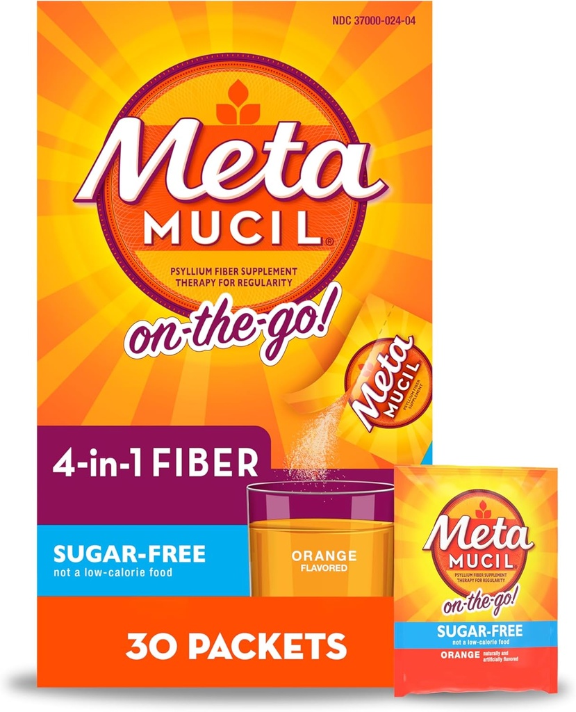 Métamucil On-The-Go, Psyllium Husk Fibre Supplément, 4-en-1 Fibre pour la santé digestive, sans sucre, saveur orange, 30 Compte x 2 Packs (60 Compte Total)