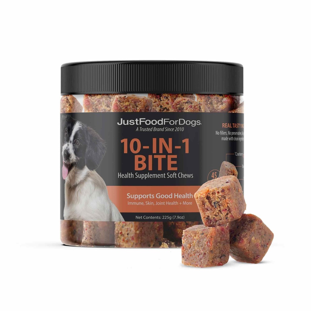 JustFoodForDogs Supplément multifonctionnel 10-en-1 Chews pour chiens, mélange super-alimentaire, glucosamine, acides gras oméga-3, santé de la peau, santé articulaire, probiotiques, base végétale, grade humain - 45 Nombre