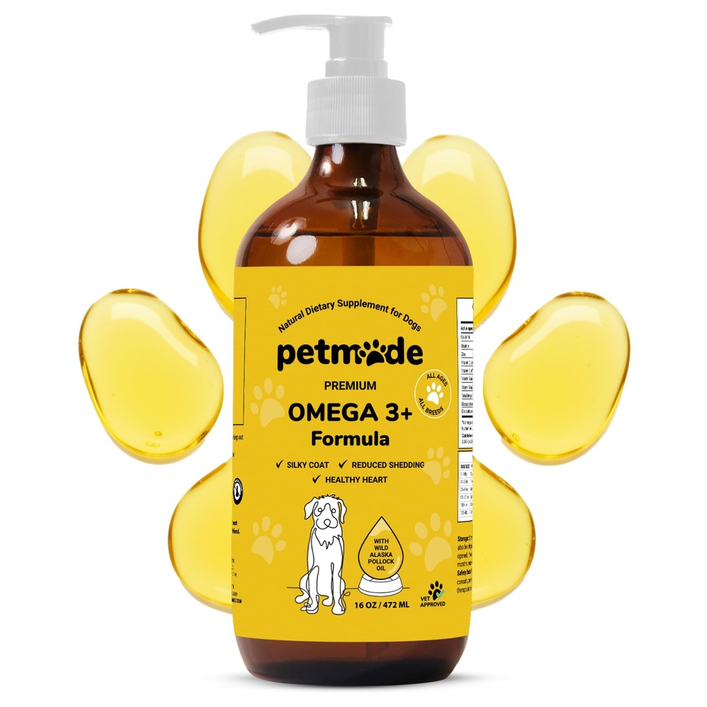 Omega 3 Huile de poisson pour chiens Peau et manteau - Huile de Pollock sauvage d'Alaska pour démangeaisons Peau- Omega 3 Acides gras pour chiens - Suppléments liquides EPA et DHA - avec Zinc, vitamine C, B2, B7 et E - 16 Fl Oz