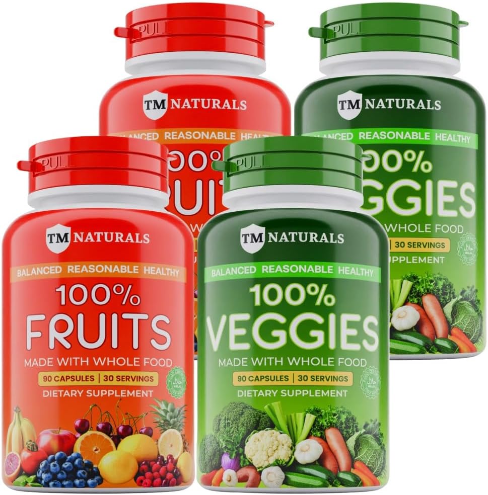 Supplément de fruits et légumes Vitamines pour les hommes et les femmes Super Fruits et légumes Capsules pour soutenir des niveaux équilibrés de nutrition et d'énergie Super aliments naturels entiers 180 Compte (paquet de 4)