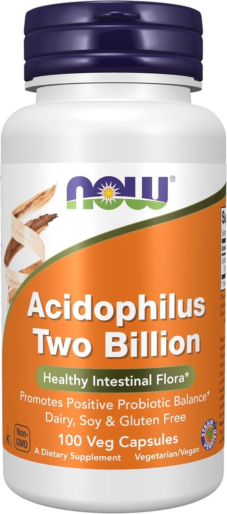 NOW Foods Supplements, Acidophilus, Two Billion, Strain Verified, Healthy Intestinal Flora*, 100 Veg Capsules