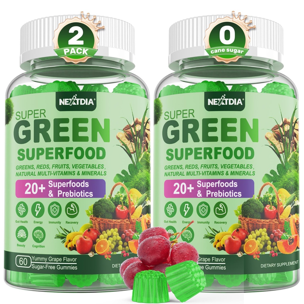 Super Greens Gummies, Greens Superfood Powder Alternative w/Spirulina, Chlorella, Fibre Prébiotique, Probiotique, Fruit Véggie, Fruit Légume quotidien pour la santé digestive et Gut, Immunité, Focus, 120 Cts