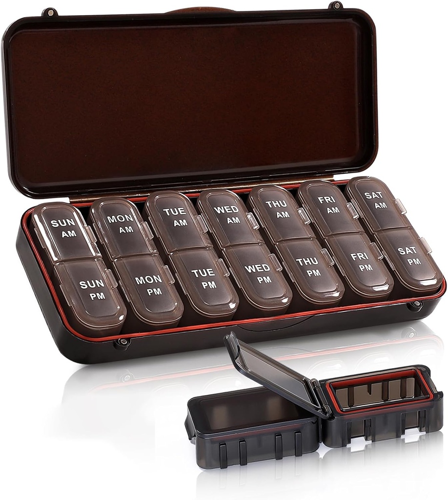 Organisateur de pilules 2 fois par jour, cas de voyage hebdomadaire pour les vitamines, les huiles de poisson + 2 boîtes mignonnes amovibles (Brown)