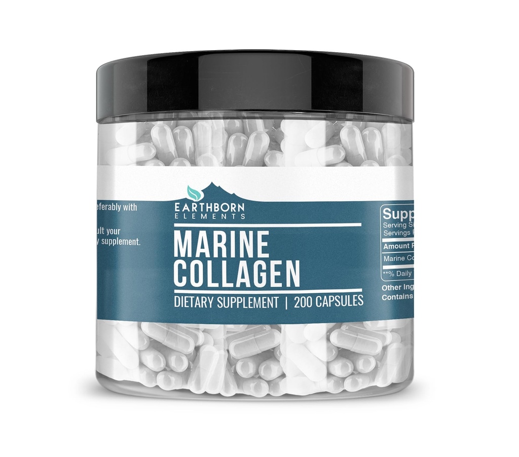 Éléments terriens Peptides de collagène (200 capsules) Collagène de poisson hydrolysé, non-OGM, sans parfum, biodisponible (960 mg de portion)