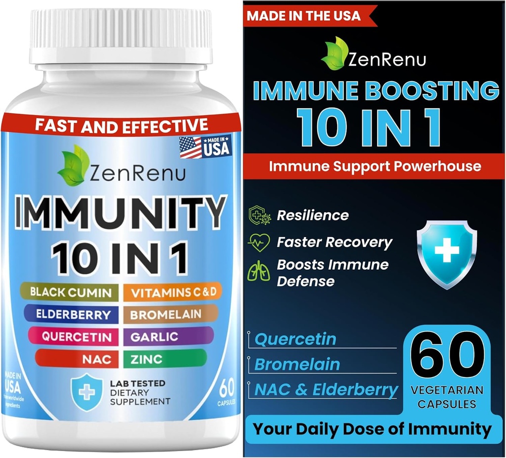 Zenrenu Imune Boosting pour les adultes - Supplément de soutien immunitaire de 10 en 1 avec Quercetin, Bromelain, NAC, Elderberry, Vitamine C & D3 pour Imune Defense & Antioxydant - Capsules faciles à absorber