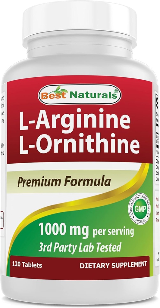 Meilleures naturelles L-Arginine L-Ornithine - 1000mg par portion - 120 comprimés - Sans OGM et sans gluten (120 Nombre (paquet de 1))