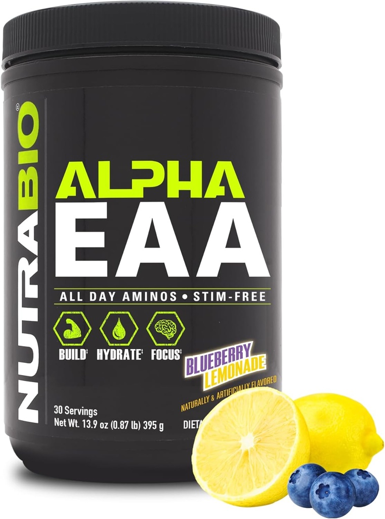 NutraBio Alpha EAA - Acides aminés tout au long de la journée pour la croissance et l'hydratation musculaires - Acides aminés essentiels avec nootropiques et adaptogènes- Plein spectre EAA BCAA Poudre - 30 portions - Cimonade bleue