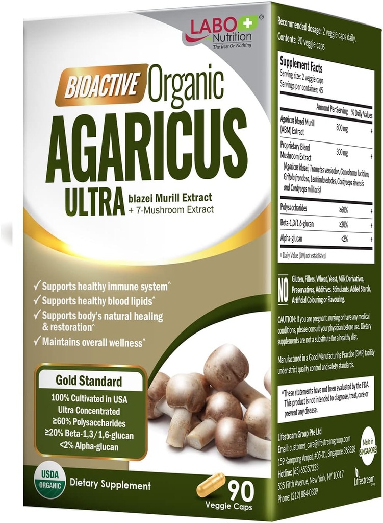 LABO Nutrition Bioactive Organic Agaricus Ultra - Supplément extrait de champignons Agaricus blazei Murill Cordyceps, Maitake, Turkey Tail, Lingzhi, Shiitake pour le support immunitaire avancé, USDA Organic