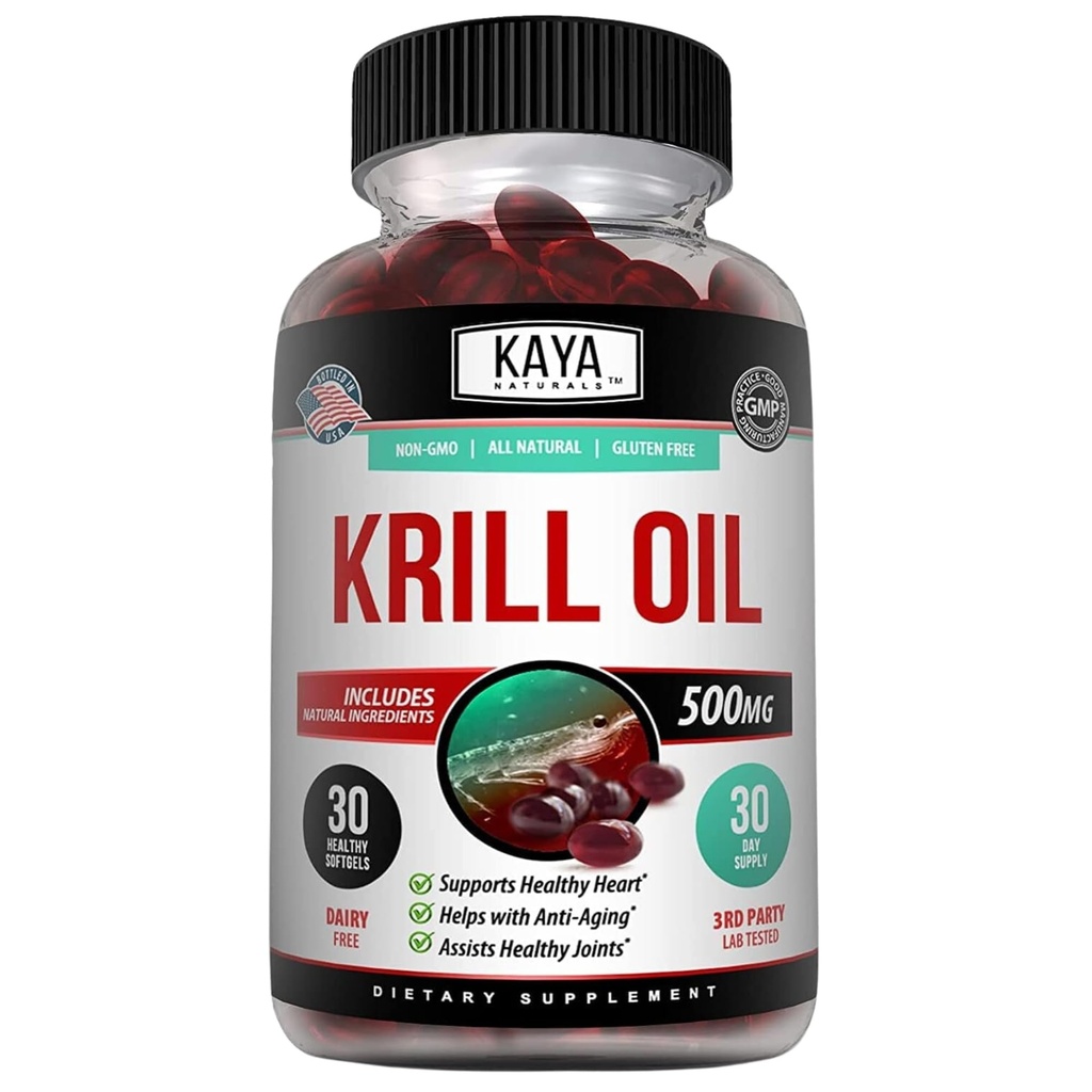 Kaya Naturals - Huile de krill de l'Antarctique 500mg avec Omega 3, EPA, DHA, Phospholipides et supplément d'astaxanthine - Cerveau et vitamine de santé - Supplément antivieillissement - 30 softgels de comte