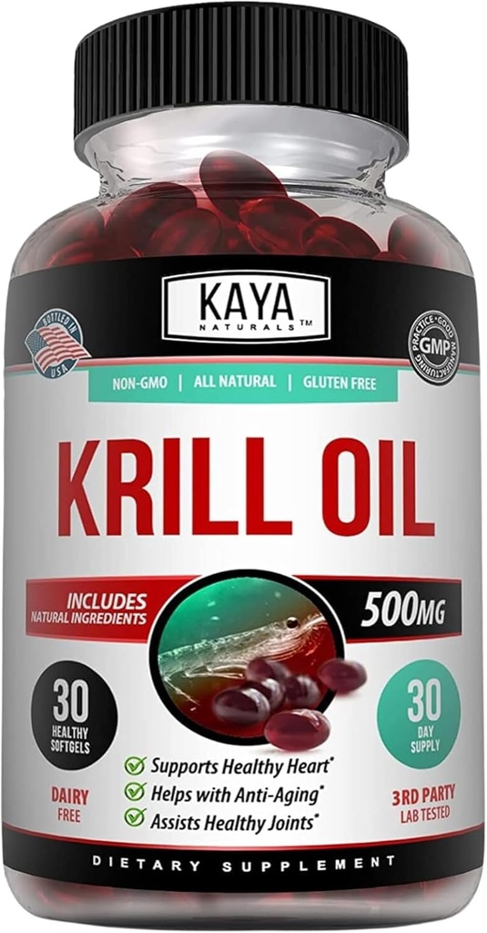 Kaya Naturals - Huile de krill de l'Antarctique 500mg avec Omega 3, EPA, DHA, Phospholipides et supplément d'astaxanthine - Cerveau et vitamine de santé - Supplément antivieillissement - 30 softgels de comte