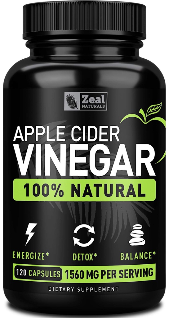 Zeal Naturals Naturals Capsules de vinaigre de cidre de pomme crue (1560mg=120 Capsules) Pilules de vinaigre de cidre de pomme w Cayenne Pepper, Cleanse, Appetite Suppressant et Soutien digestif