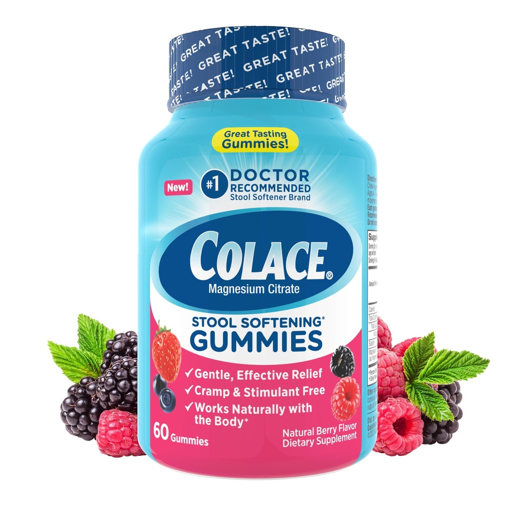 Colace Stool Softener Gummies, Gentle Dependable Constipation Relief Magnesium Citrate Gummies, No.1 Doctor Recommended Stool Softener Brand, Berry Flavored 60ct