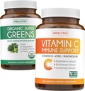 Super Greens & Vitamine C (3 mois d'approvisionnement) Vitamine Greens Bundle of Organic Super Greends Poudre - Superfood Complete (180 capsules) & Vitamine C Immune Support (180 capsules végétariennes)