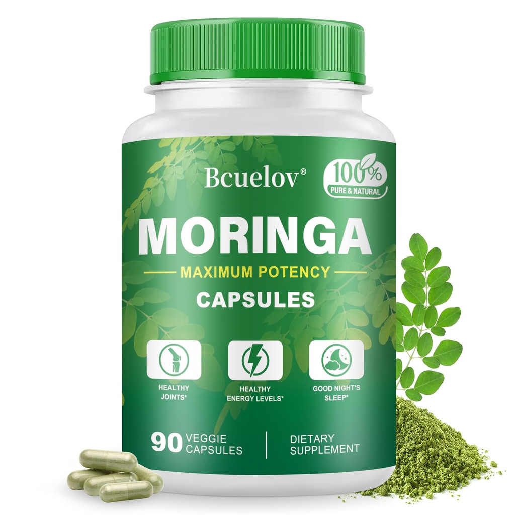 Capsules de Moringa 800mg Pure Moringa Powder Capsules – Soutient l'énergie, la peau et la santé de Gut, système immunitaire – Superfood vert avec des vitamines et acides aminés (90 capsules)