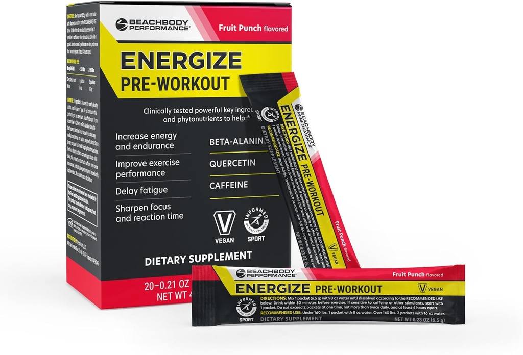 BODi Energize Pre Workout Powder - Beta-Alanine, Quercetin et formule de caféine à faible teneur en sodium pour l'énergie et la concentration accrues, augmenter le supplément d'énergie et d'endurance, punch de fruits, 20 bâtons