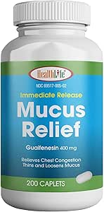 HealthLife® Mucus Relief Guaifenesin Caplets 400 mg, libération immédiate (300 comte) Expectorant à action rapide, mucus mince et losens, soulage la congestion thoracique, la toux, le froid et la grippe