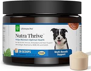 Ultimate Pet Nutrition Nutra Thrive Canine, 40-en-1 supplément nutritionnel en poudre pour chiens avec digestion et soutien immunitaire, vitamines, minéraux, probiotiques, enzymes, 30 scoops