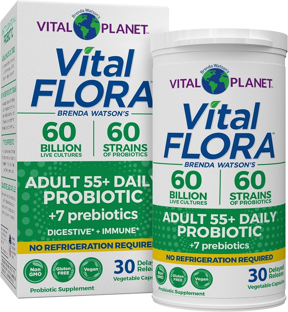 Planète Vitale - Flore Vital Adultes de plus de 55 Milliards de Probiotiques par jour CFU, Dépenses diverses, Prébiotiques organiques, Immune et Table de Santé Digestive Probiotiques stables pour les femmes et les hommes, 30 Capsules