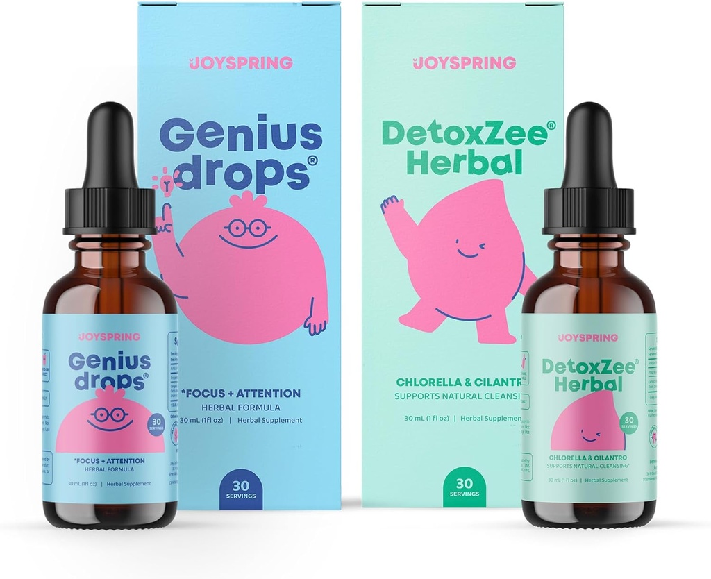 JoySpring Genius Drops & DetoxZee Herbal Bundle (en anglais seulement) Enfants Vitamines naturelles, Non-OGM, Formule liquide non alcoholique, Immunity Health Support (en anglais seulement)