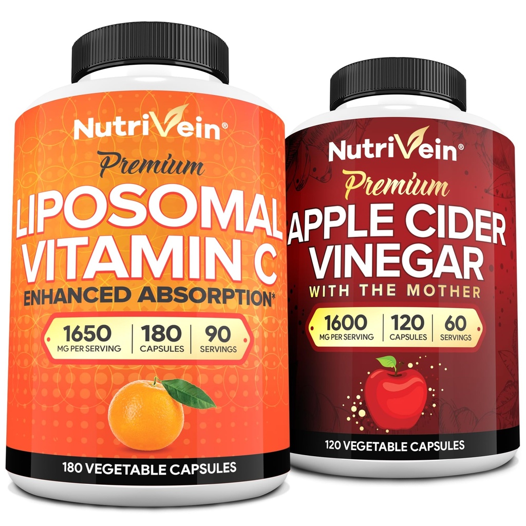 Nutrivein Premium Capsules de vinaigre de cidre de pomme et supplément de vitamine C liposomique: haute absorption Capsules de vitamine C et supplément de vinaigre de cidre de pomme Ensemble pour les défenses immunitaires et la santé Gut