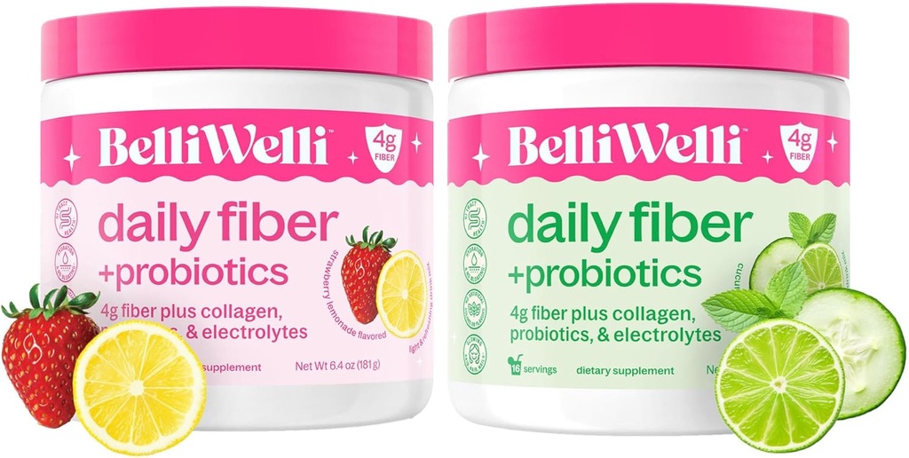 Belli Welli Supplément de fibre quotidienne Duo - Limonade de fraise et menthe de chaux de concombre - avec collagène, probiotiques et électrolytes - Saveurs rafraîchissantes pour un bien-être équilibré - 32 Total des services