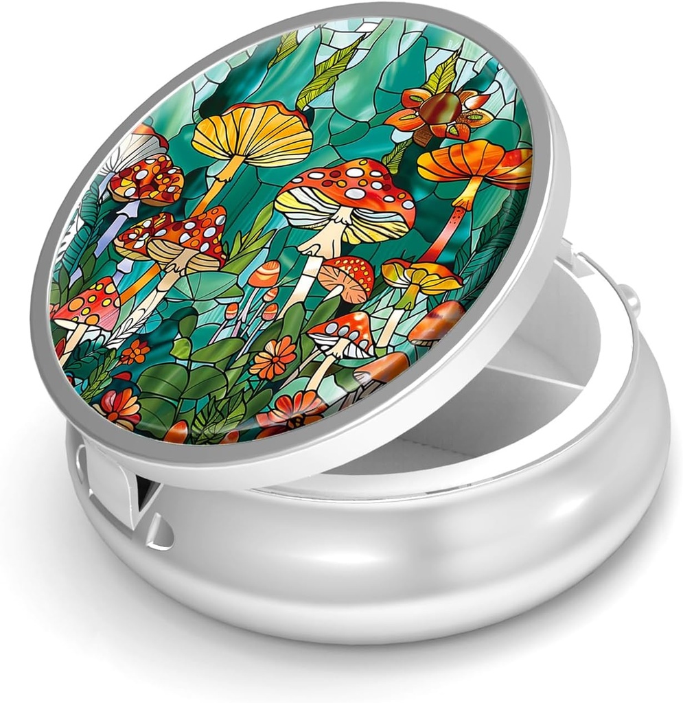 Pill Box-3 Compartiment petit étui de pilule pour la Purse & Pocket Mini Pill Holder Metal Travel Pill Container to Hold Suppléments Vitamines Free BPA (Mushroom Forest)
