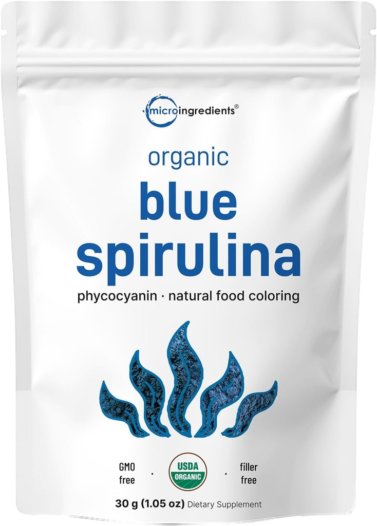 Poudre de spiruline bleue biologique (extrait de phycocyanine), 30 portions - Pas d'odeur de poisson, 100% de protéines végétales de l'algue bleue-verte, Coloration naturelle des aliments lumineux pour les smoothies, cuisson au four, boissons et cuisson